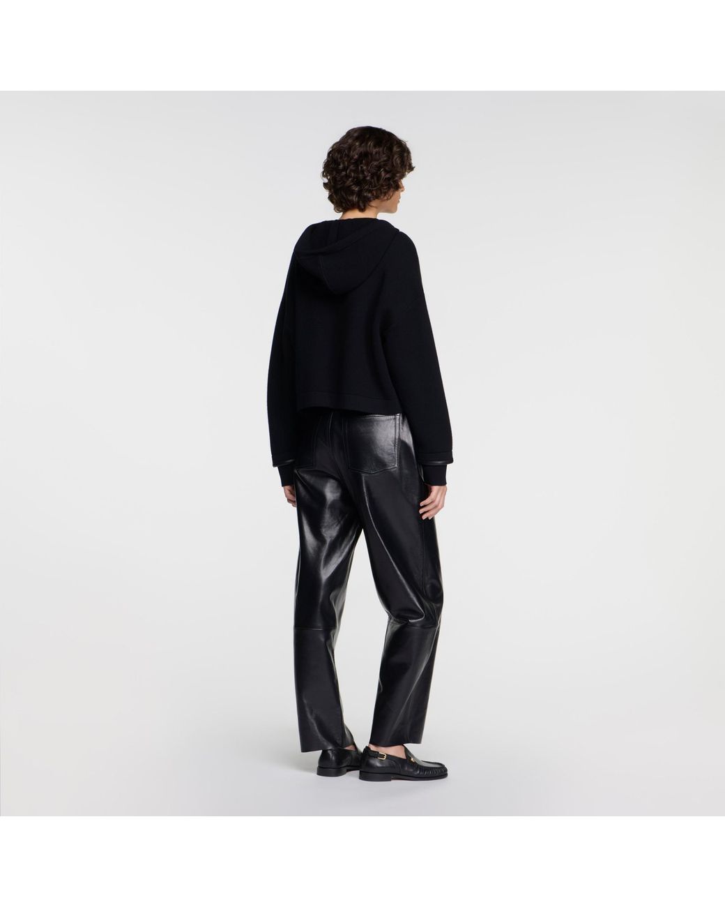 Sandro Black Hooded Cardigan With Leather Trim