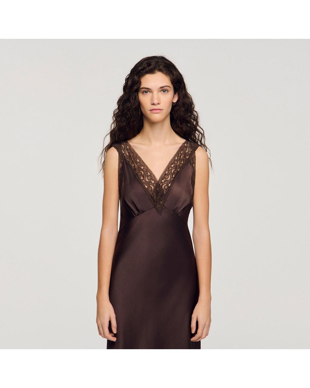 Sandro Brown Lace Collar Maxi Dress