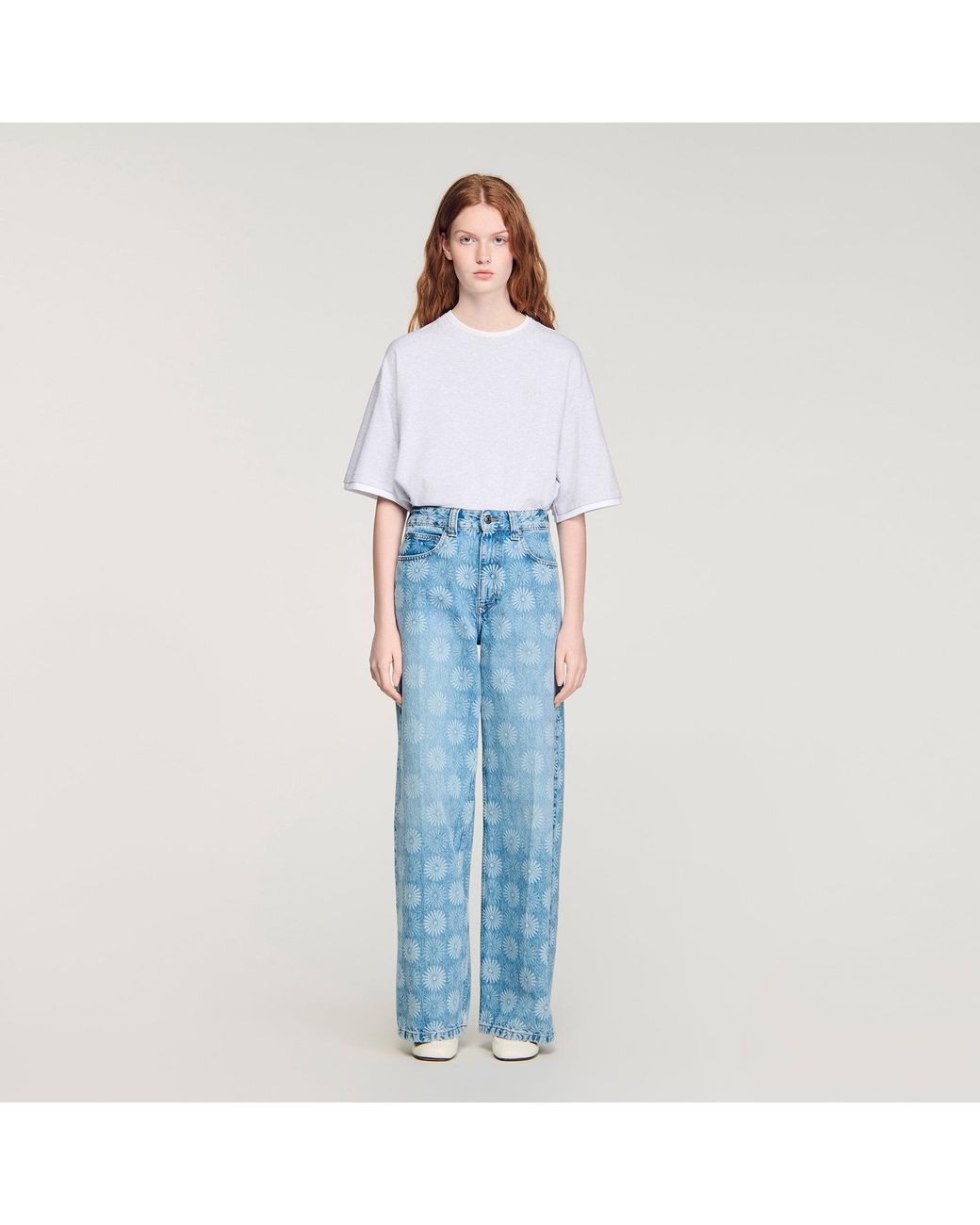 Sandro Blue Wide-Leg Floral Print Jeans