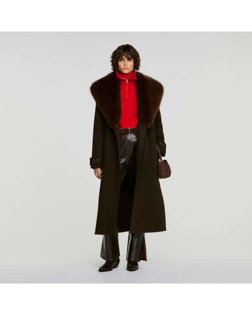 Sandro Red Coat With Shearling Collar