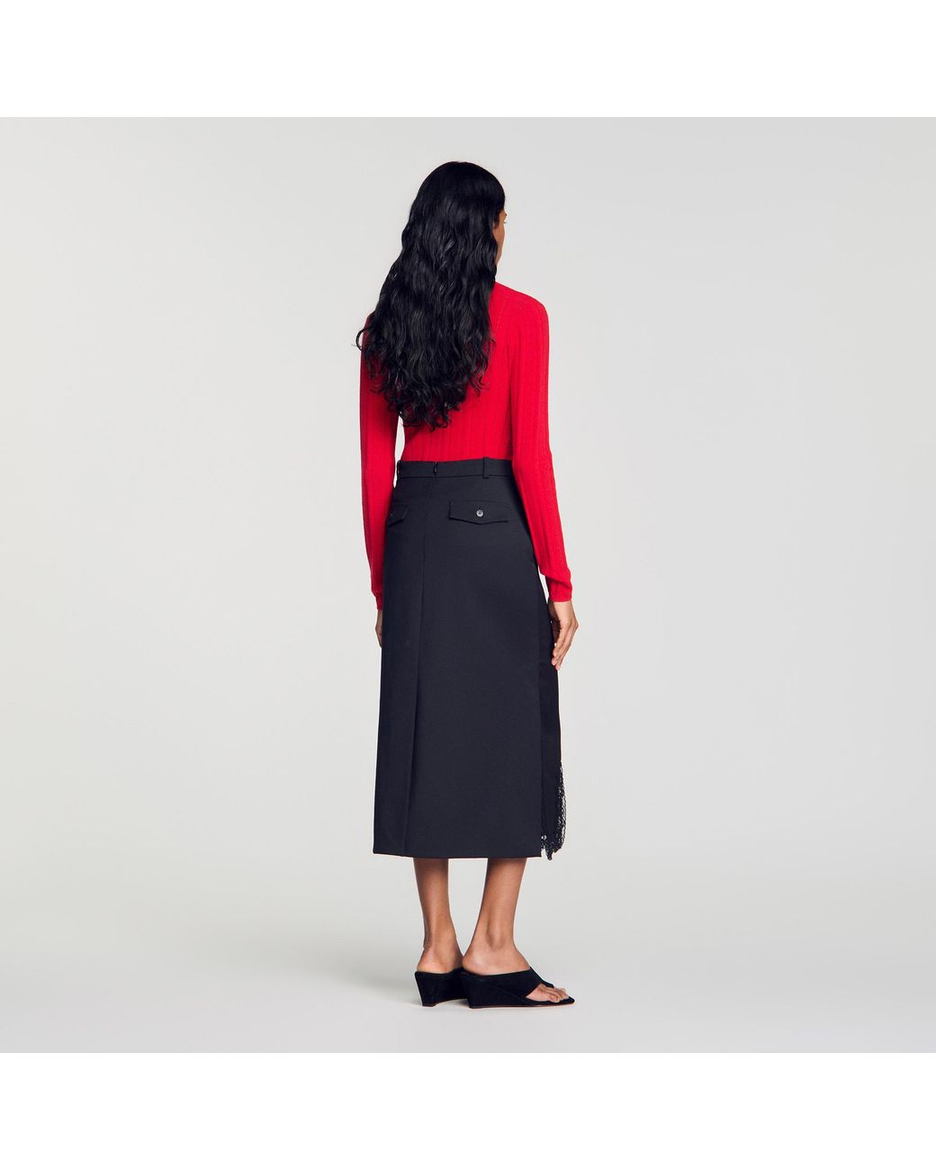 Sandro Blue Midi Mixed-Material Lace Skirt