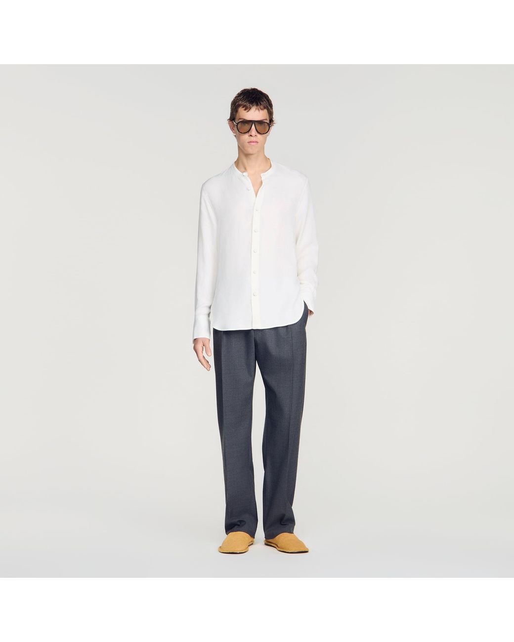 Sandro White Loose-Fit Mandarin Collar Shirt for men