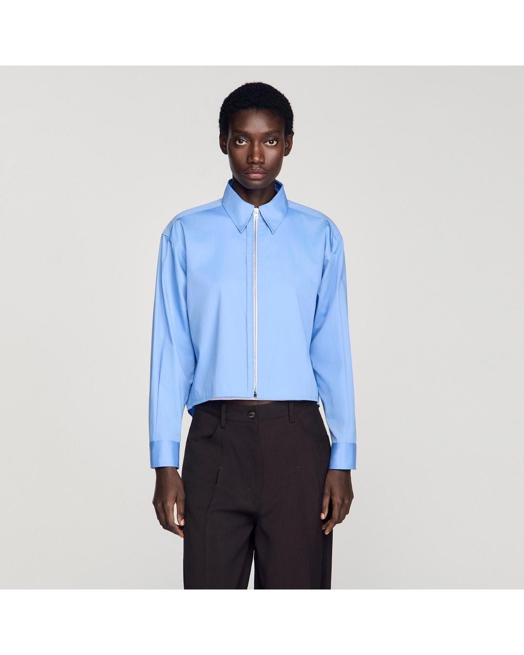 Sandro Blue Cropped Logo Zip Cotton Shirt
