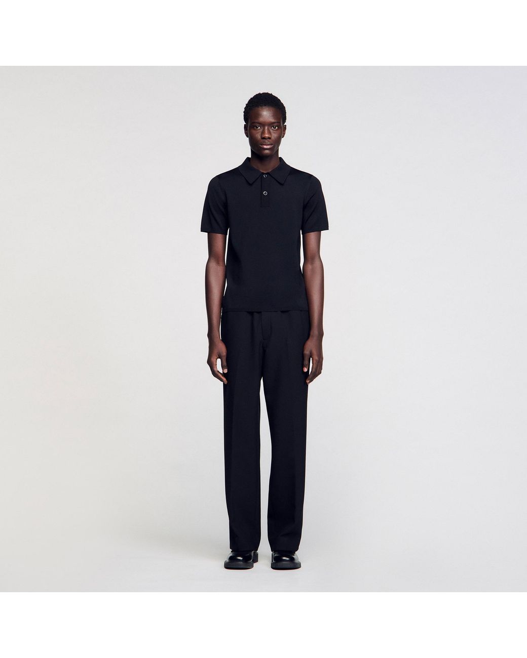 Sandro Black Short-Sleeve Knitted Polo Shirt for men
