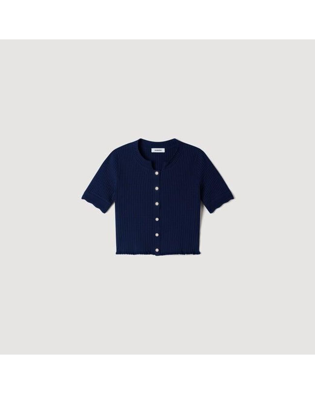 Sandro Blue Cropped Pointelle Knit Cardigan
