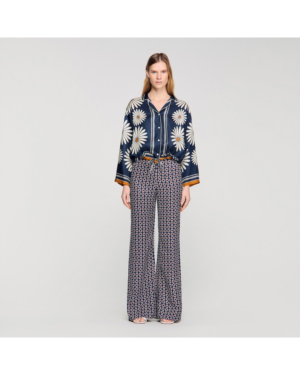 Sandro Blue Floral Print Silk Shirt