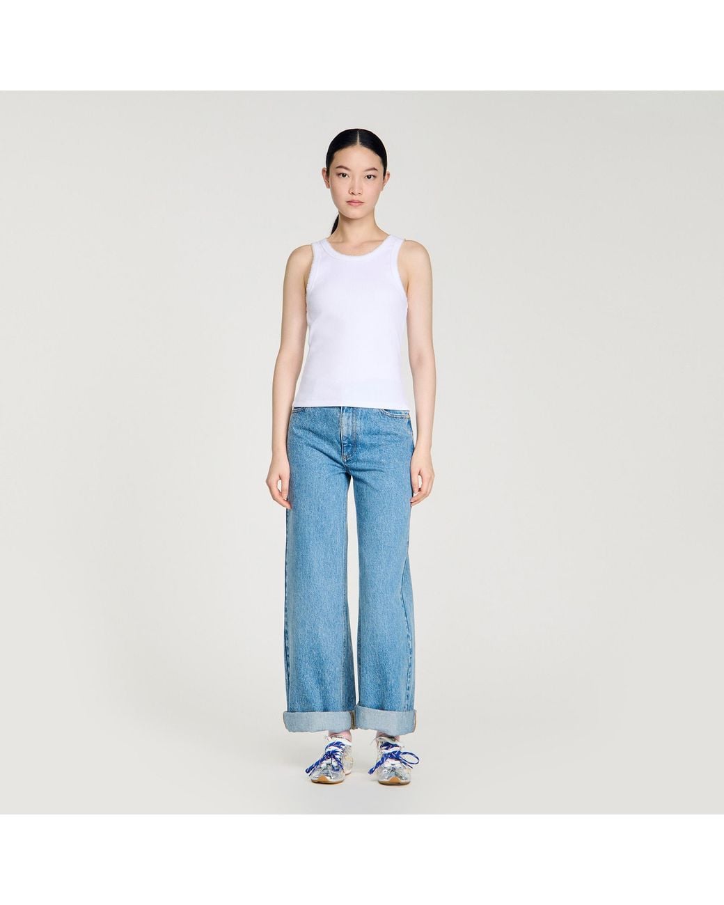 Sandro Blue Beaded Ribbed Vest Top