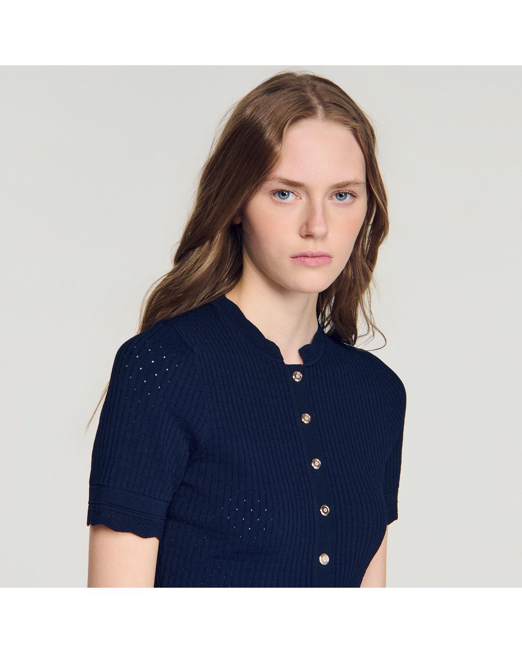 Sandro Blue Cropped Pointelle Knit Cardigan