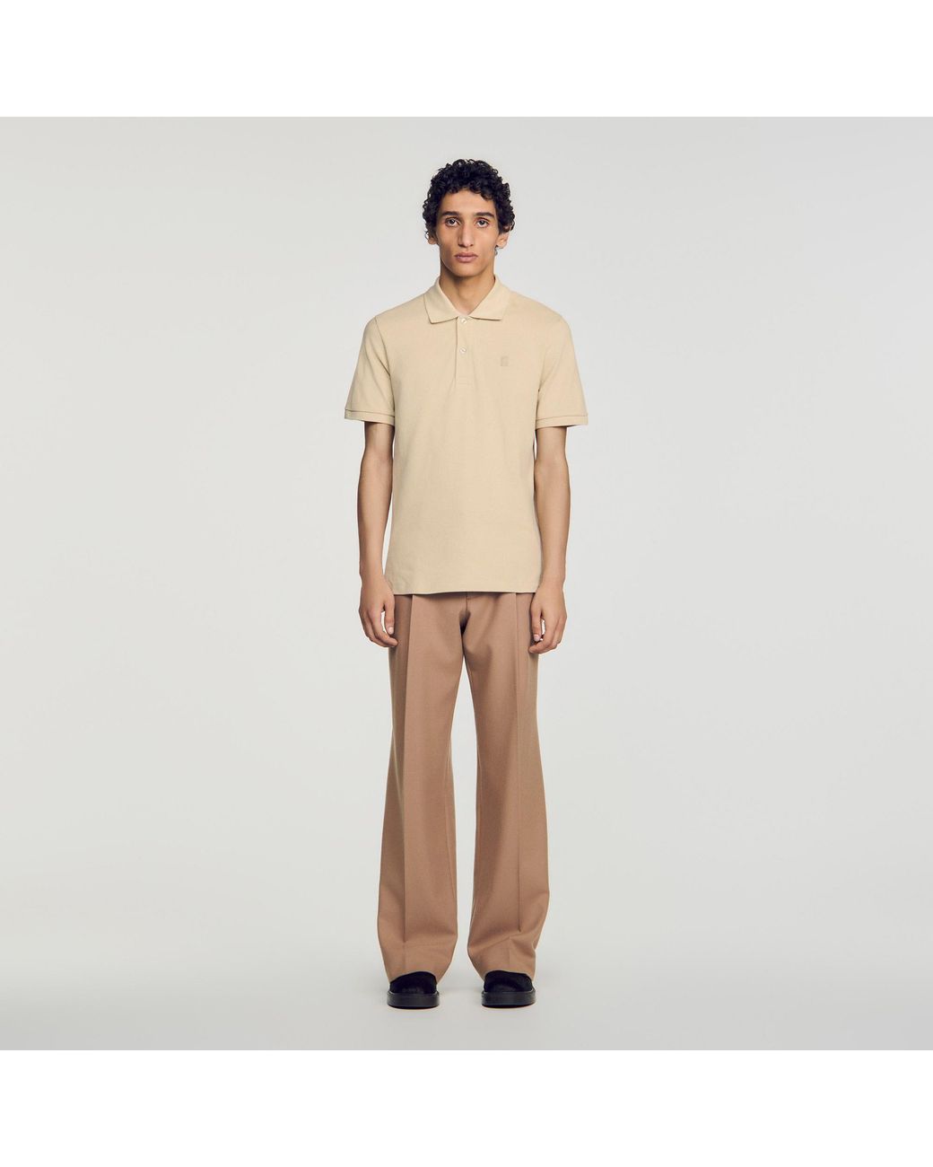Sandro Natural Cotton Polo Shirt With Leather Logo for men