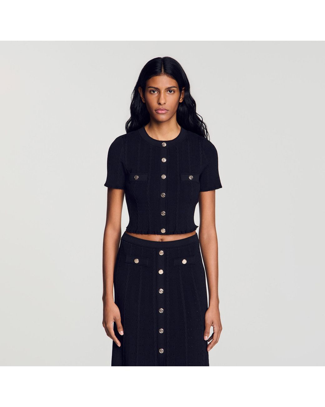 Sandro Blue Cropped Pointelle Knit Cardigan