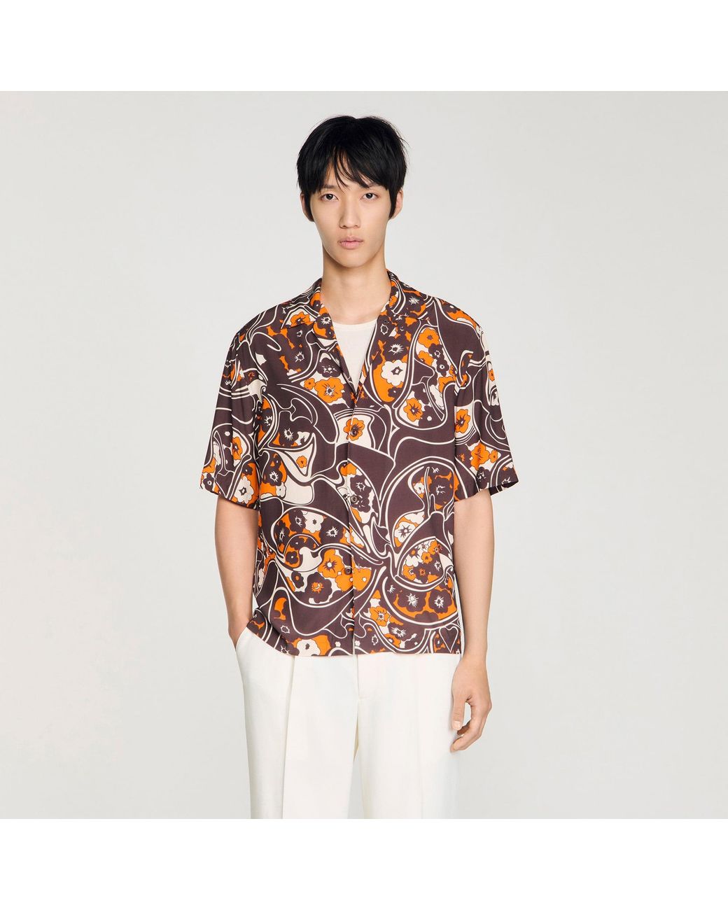 Sandro White Loose-Fit Print Shark Collar Shirt for men
