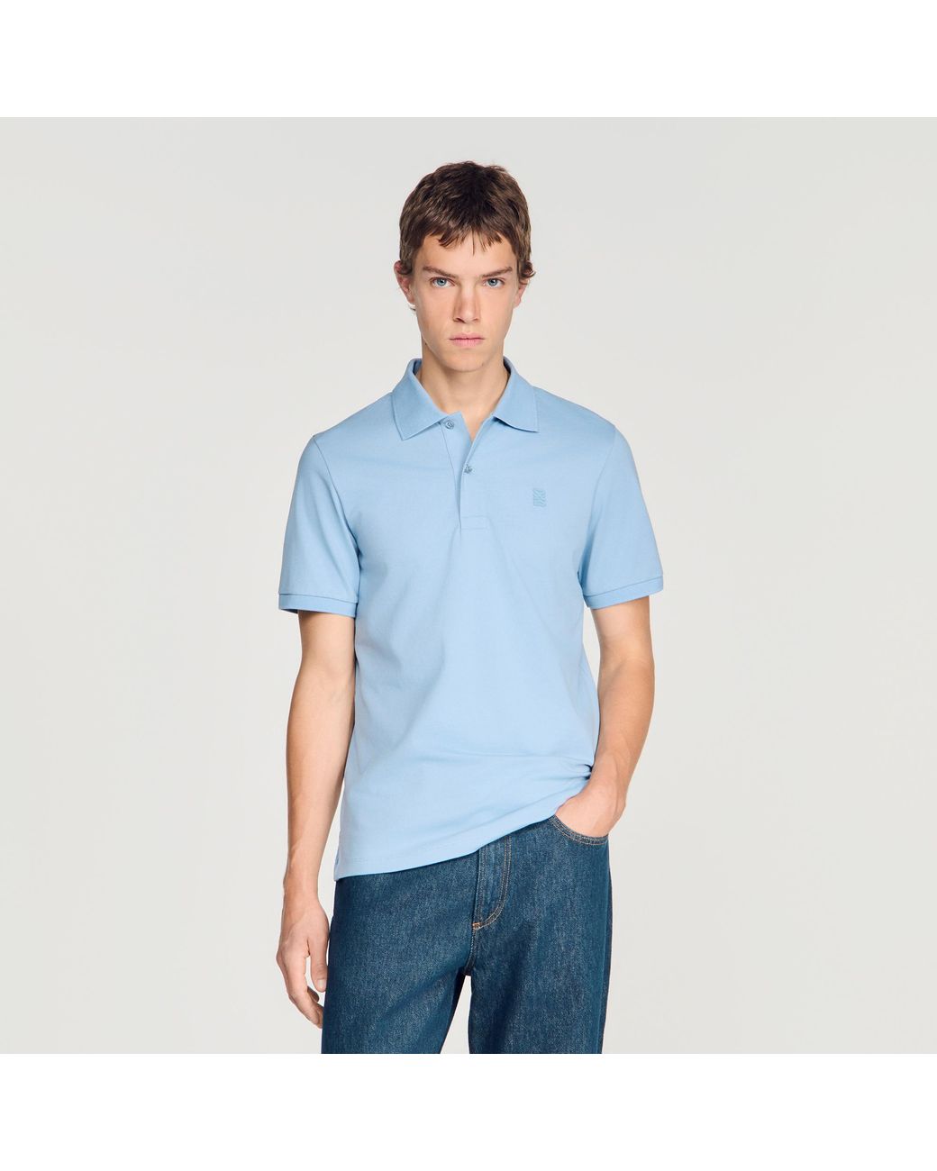 Sandro Blue Cotton Polo Shirt With Leather Logo for men