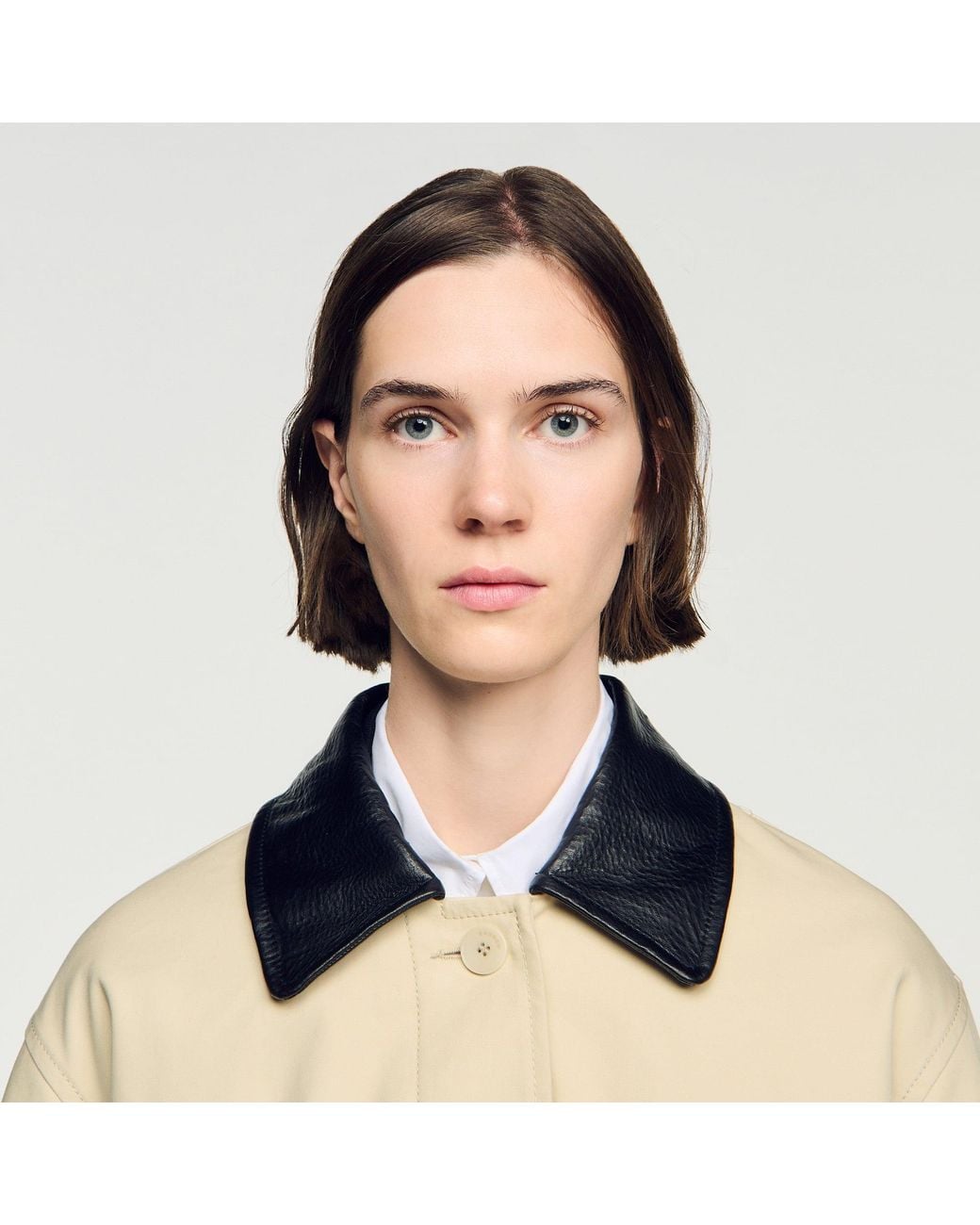 Sandro Natural Long Coat With Leather Collar