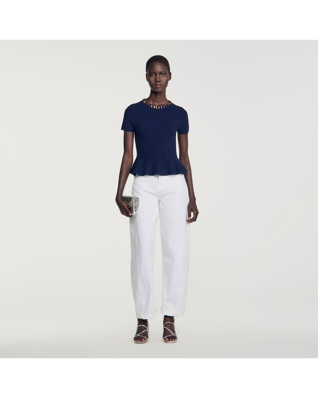 Sandro Blue Peplum Sweater With Rhinestone Neckline