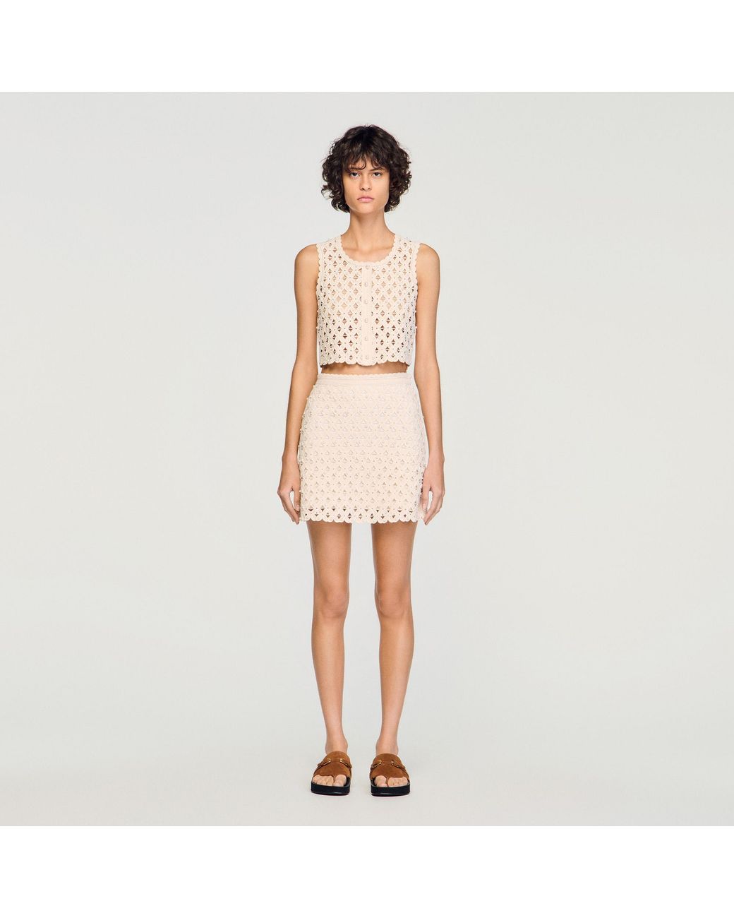 Sandro Natural Short Beaded Crochet Skirt