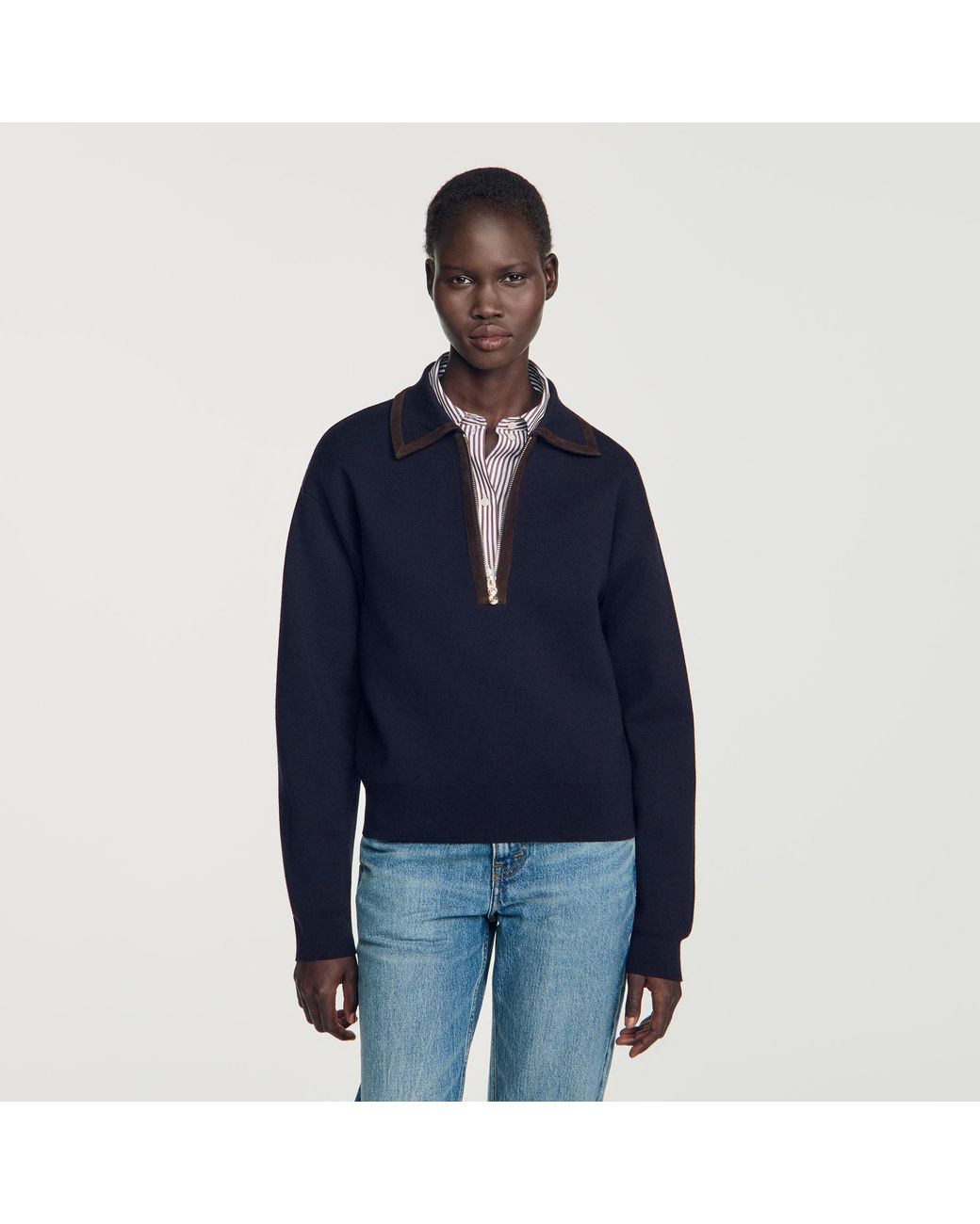 Sandro Blue Zip Polo Jumper With Suede Collar