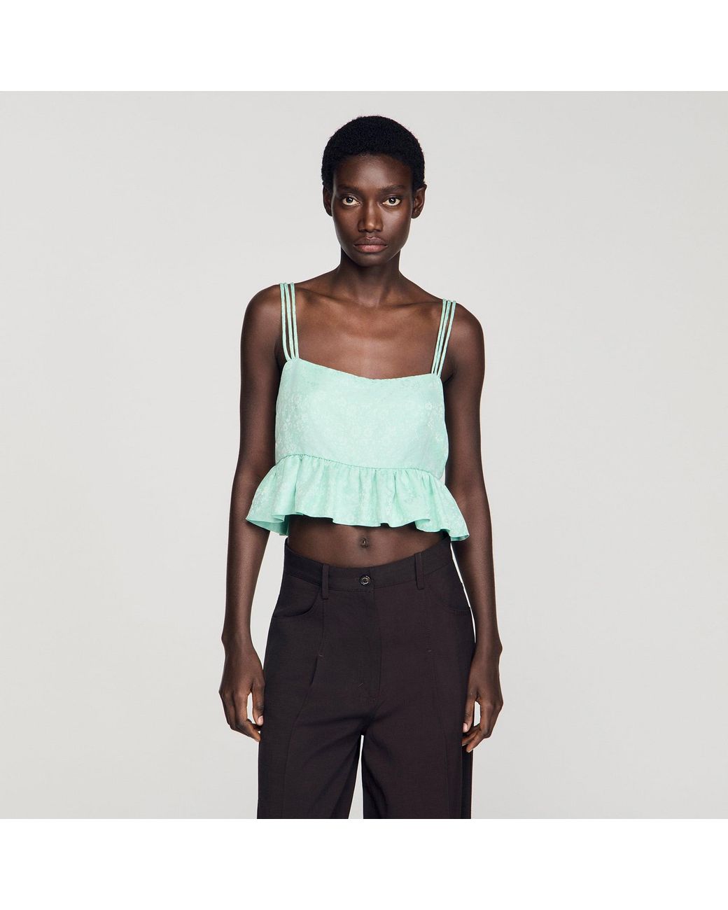 Sandro Blue Floral Jacquard Ruffled Crop Top