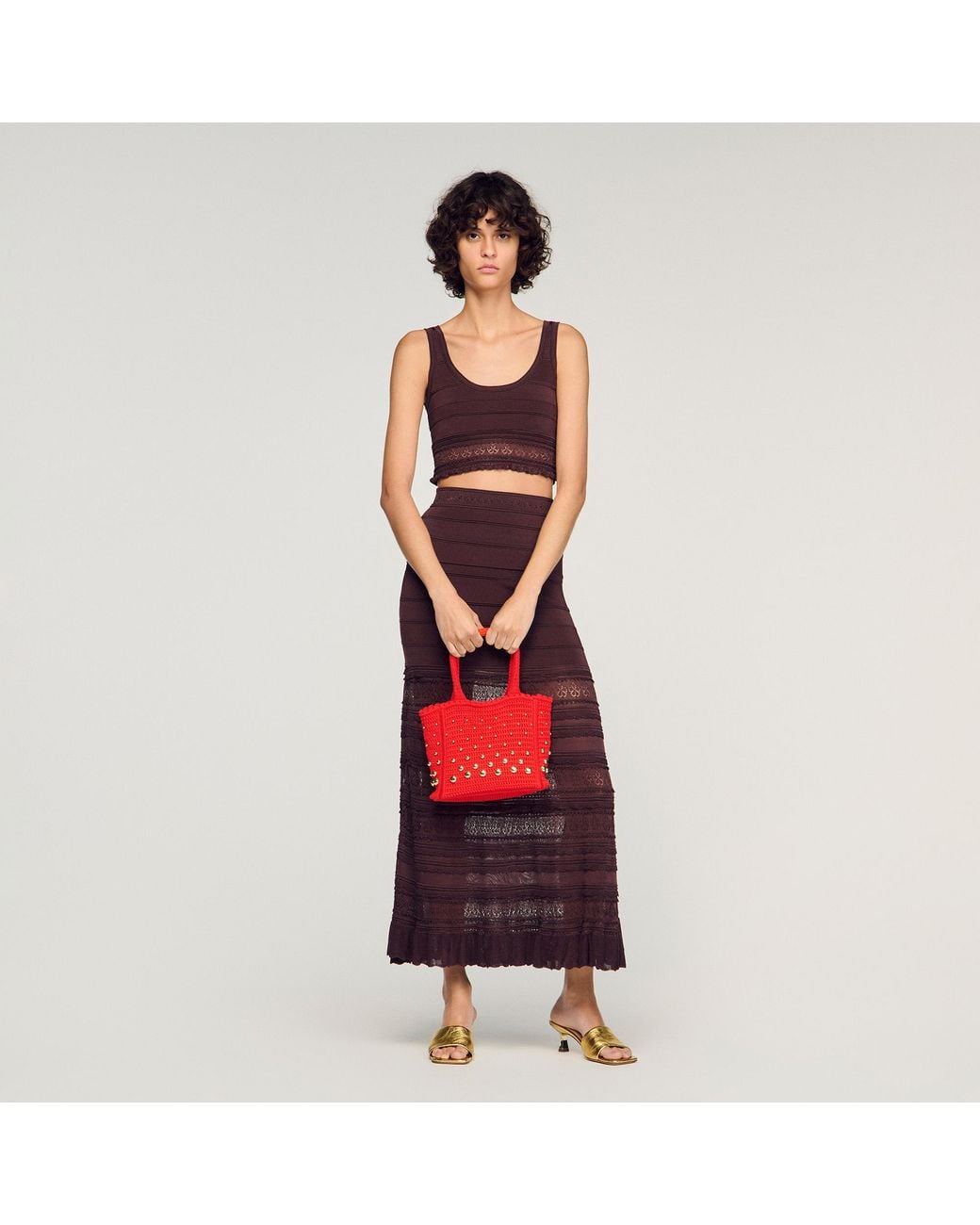 Sandro Red Studded Crochet Bag