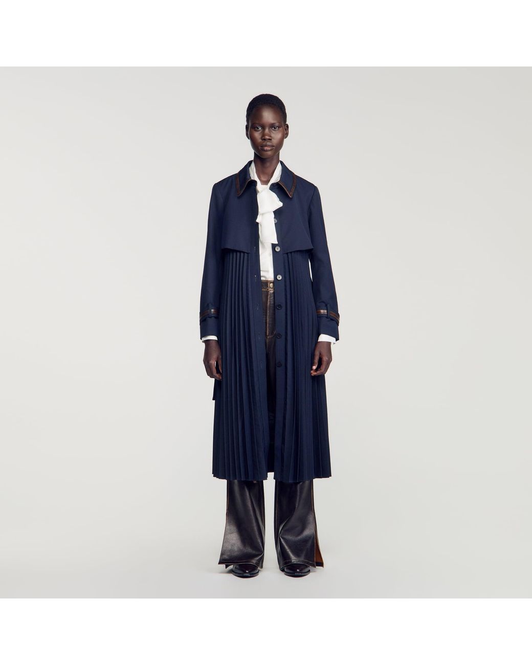Sandro Blue Trench With Pleated Leather Collar