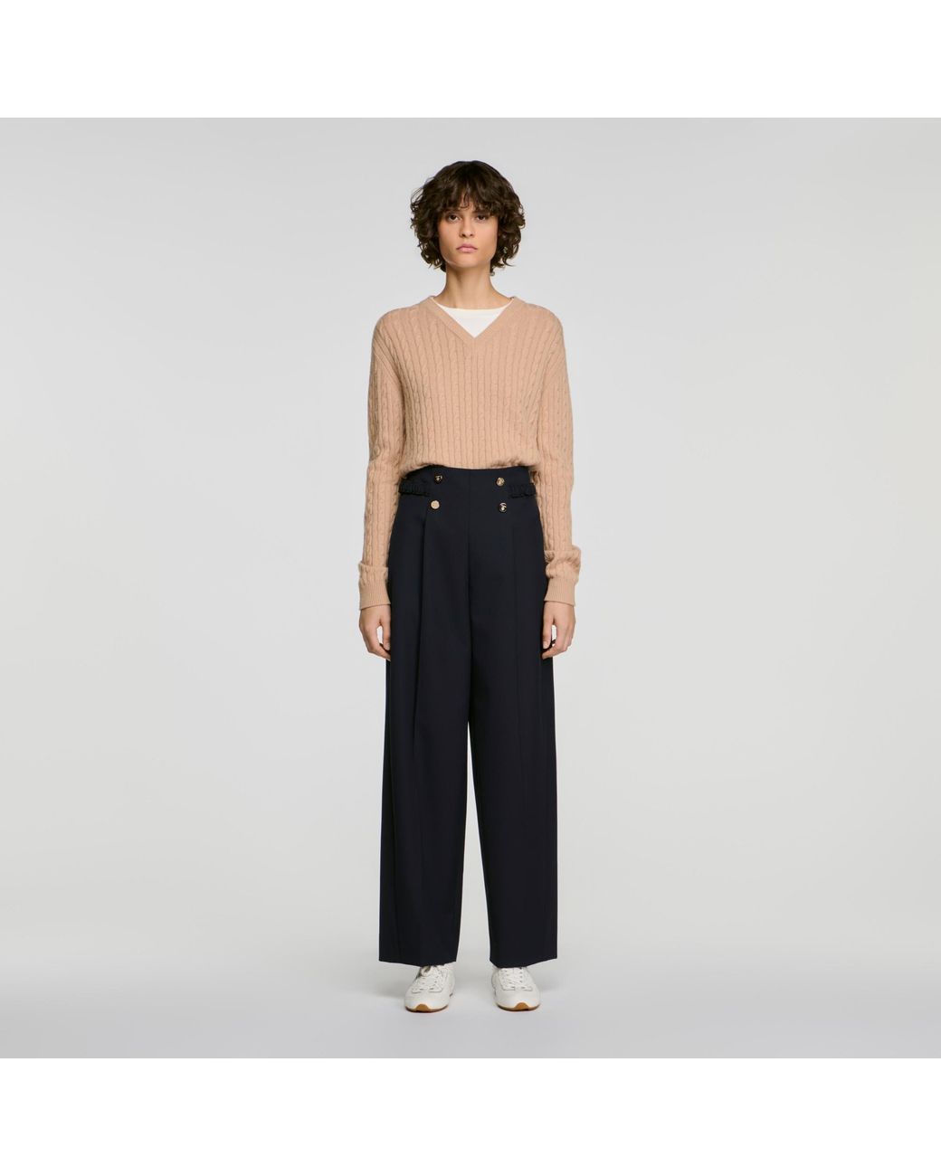 Sandro Black Buttoned Wide-Leg Wool Trousers