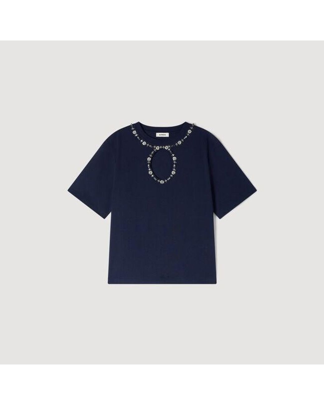 Sandro Blue Rhinestone Openwork T-Shirt