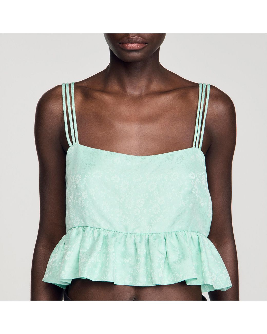 Sandro Blue Floral Jacquard Ruffled Crop Top