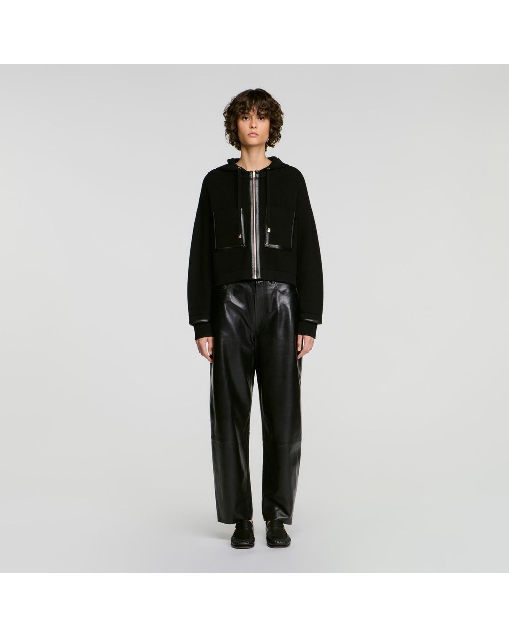 Sandro Black Hooded Cardigan With Leather Trim