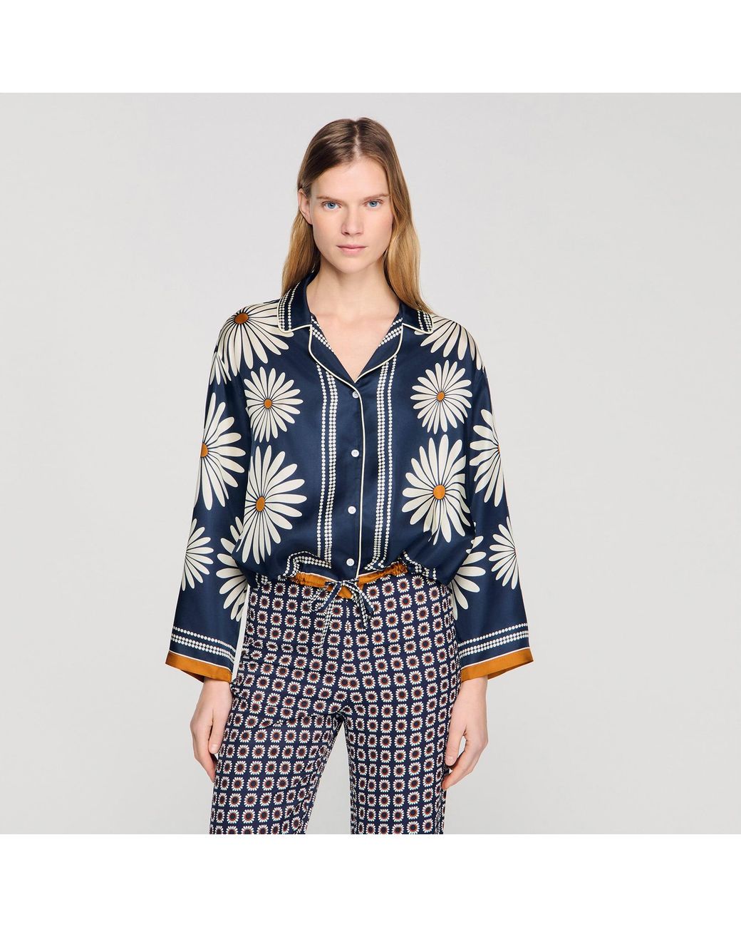 Sandro Blue Floral Print Silk Shirt
