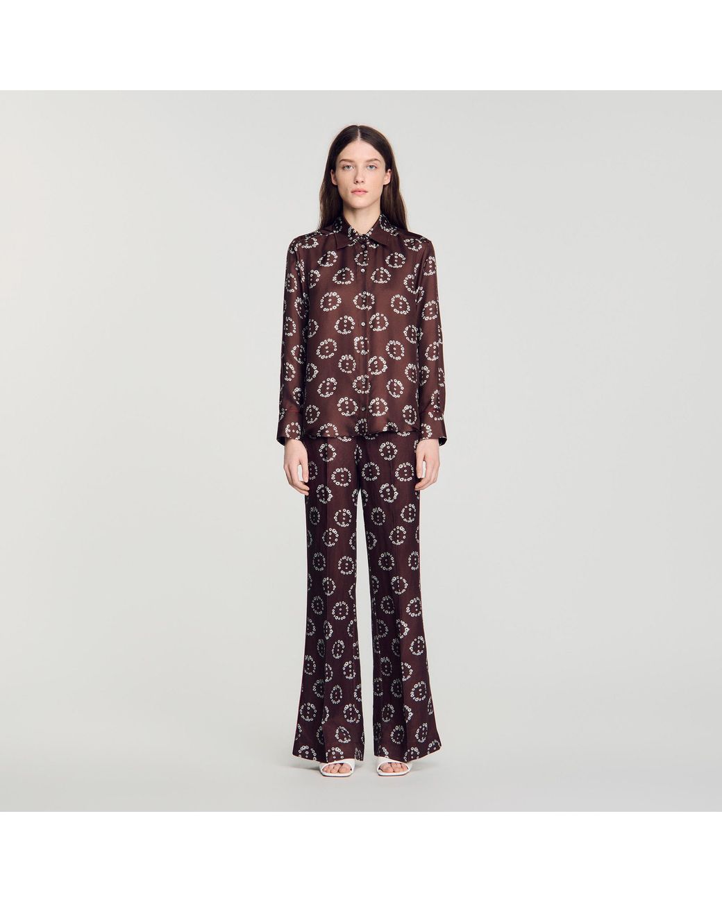 Sandro Brown Floral Print Silk Shirt