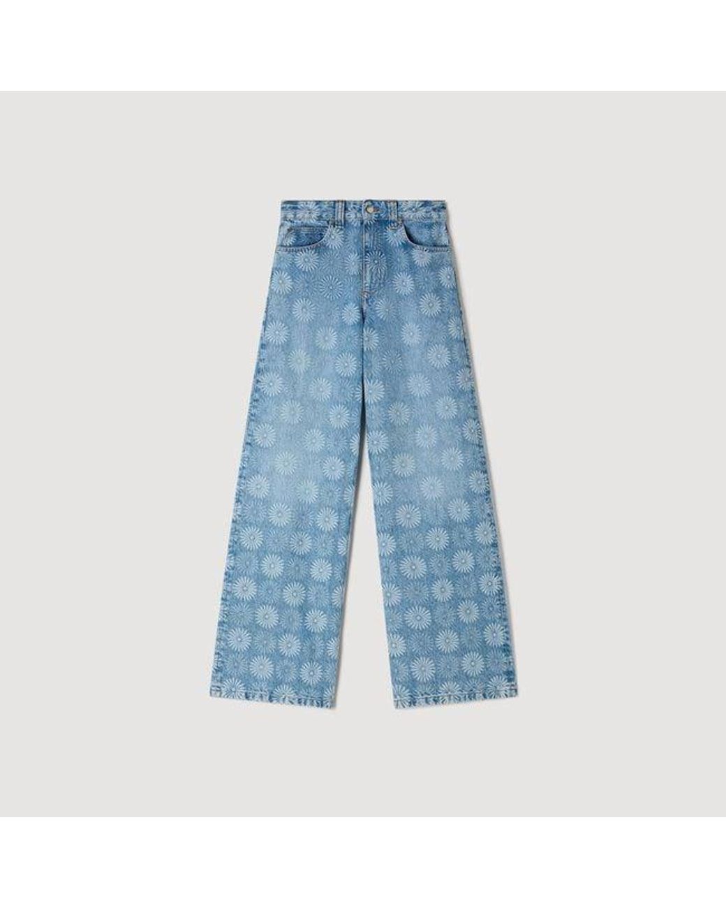 Sandro Blue Wide-Leg Floral Print Jeans