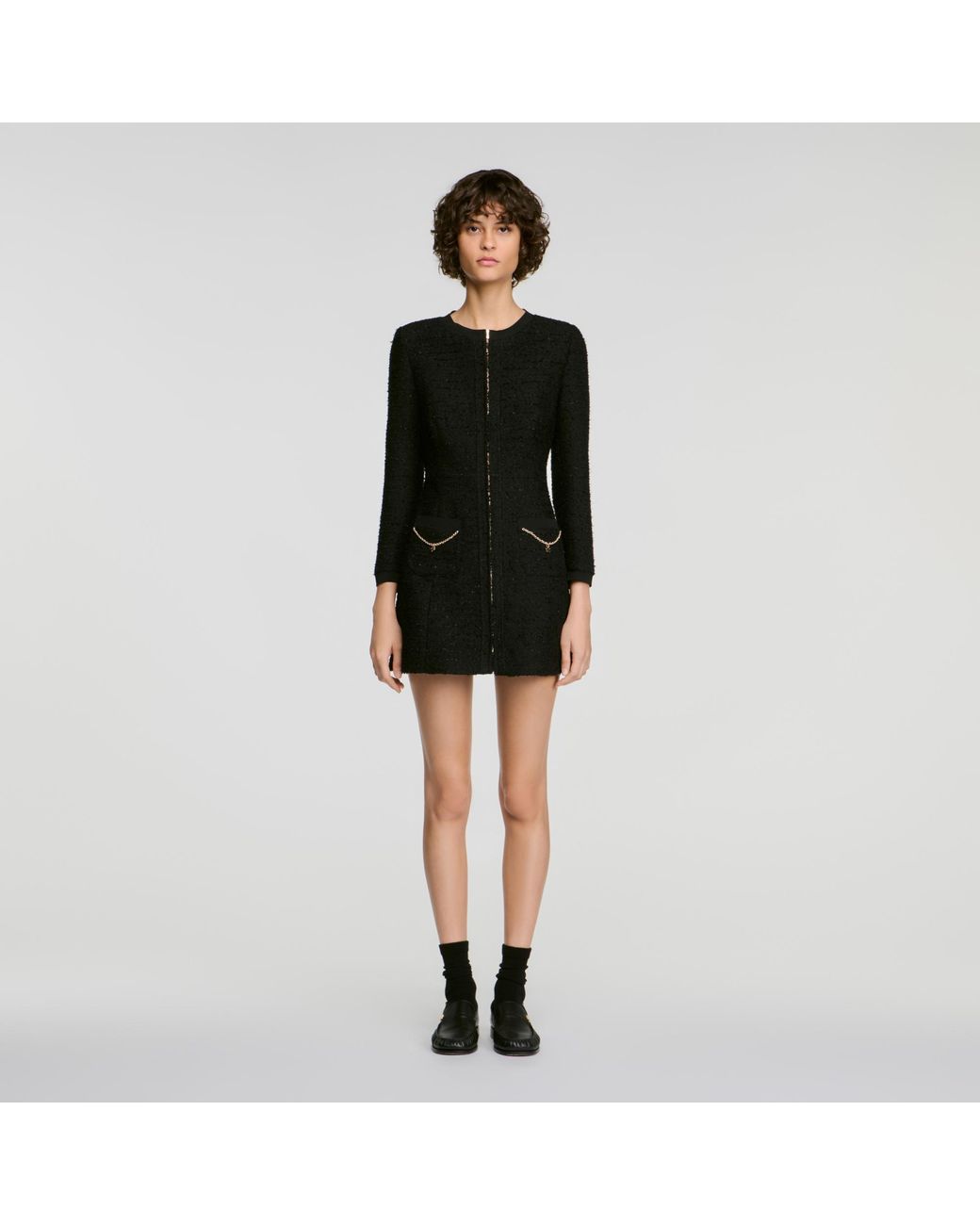 Sandro Black Tweed Dress With Metal Chain