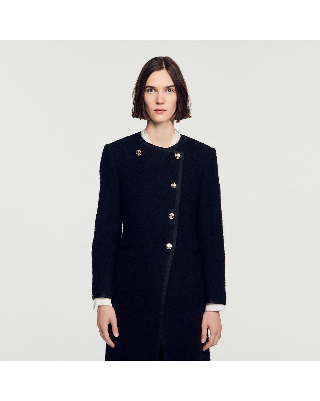 Sandro Blue Tweed Coat With Jewel Buttons