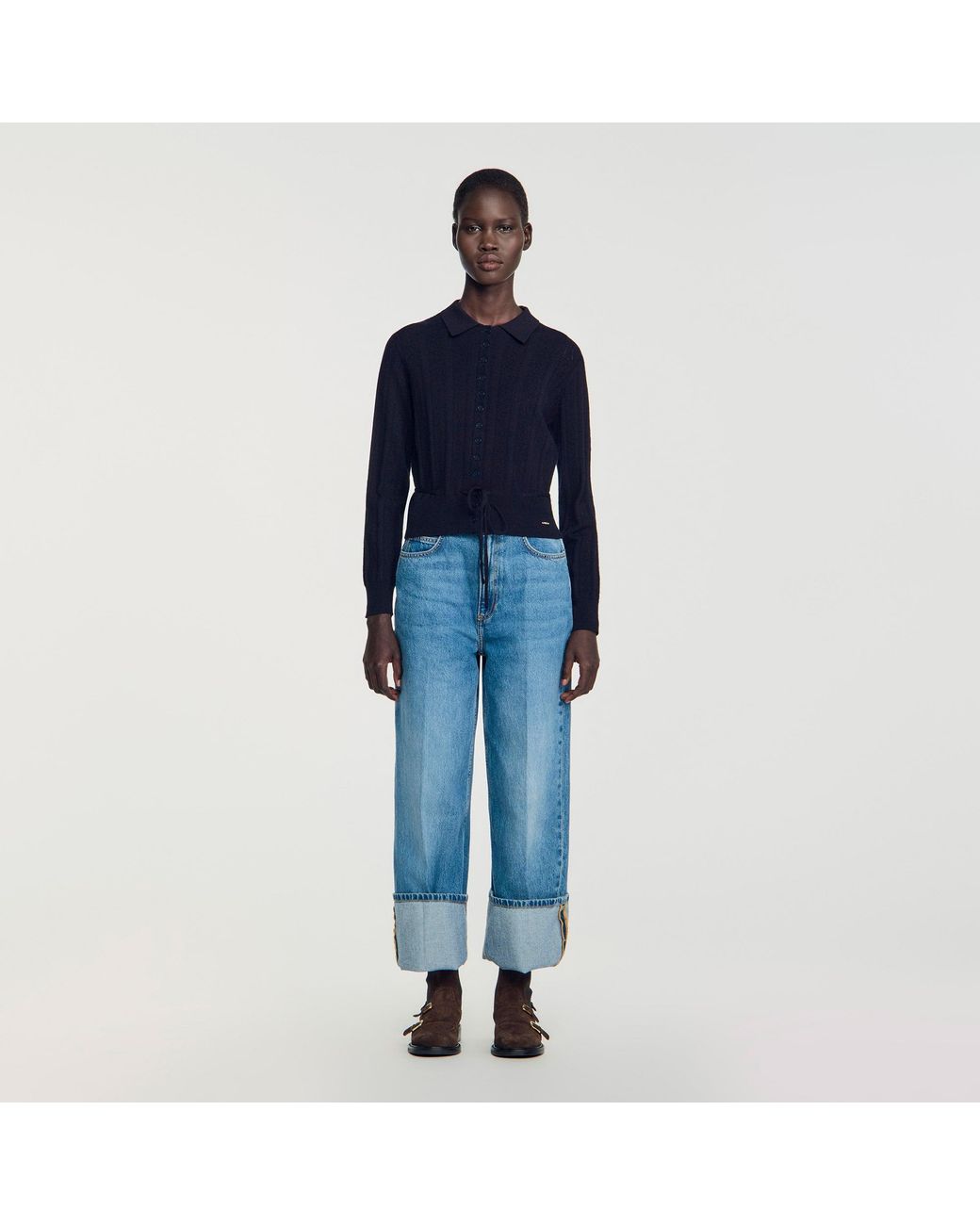 Sandro Blue Pointelle Knit Cardigan