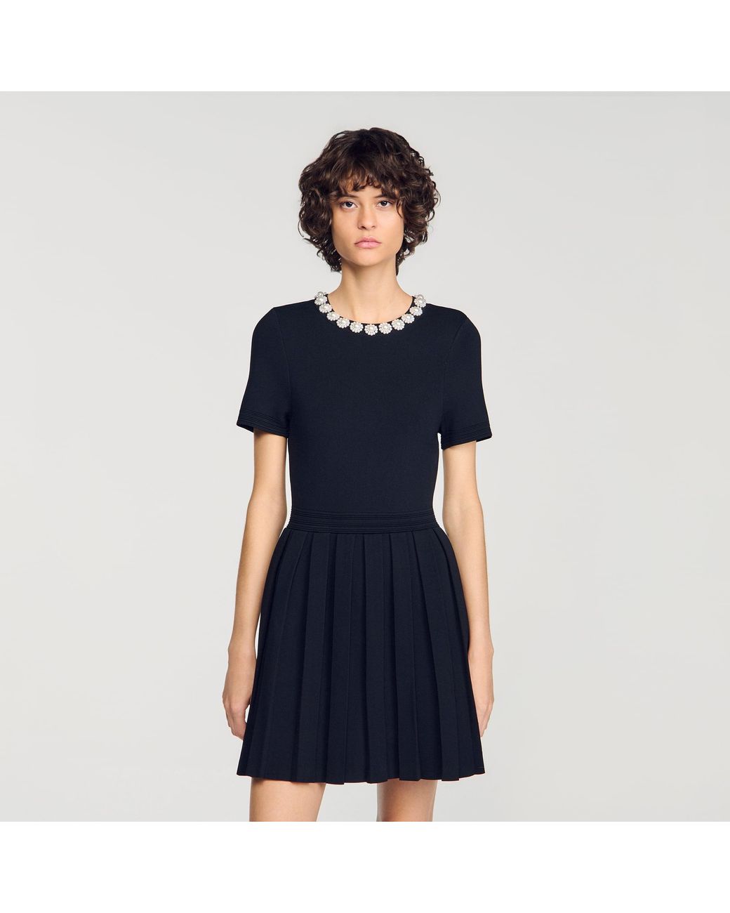 Sandro Blue Short Dress With Beaded Flowers