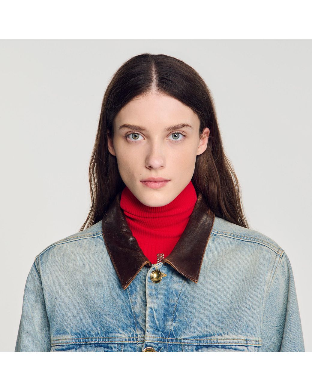 Sandro Blue Denim Jacket With Leather Collar