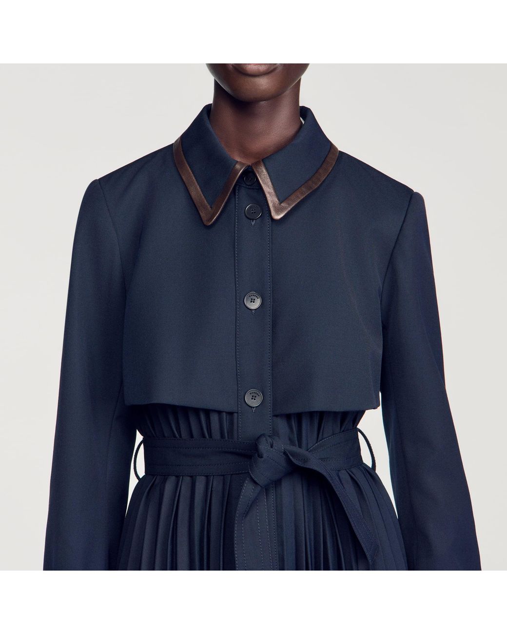 Sandro Blue Trench With Pleated Leather Collar