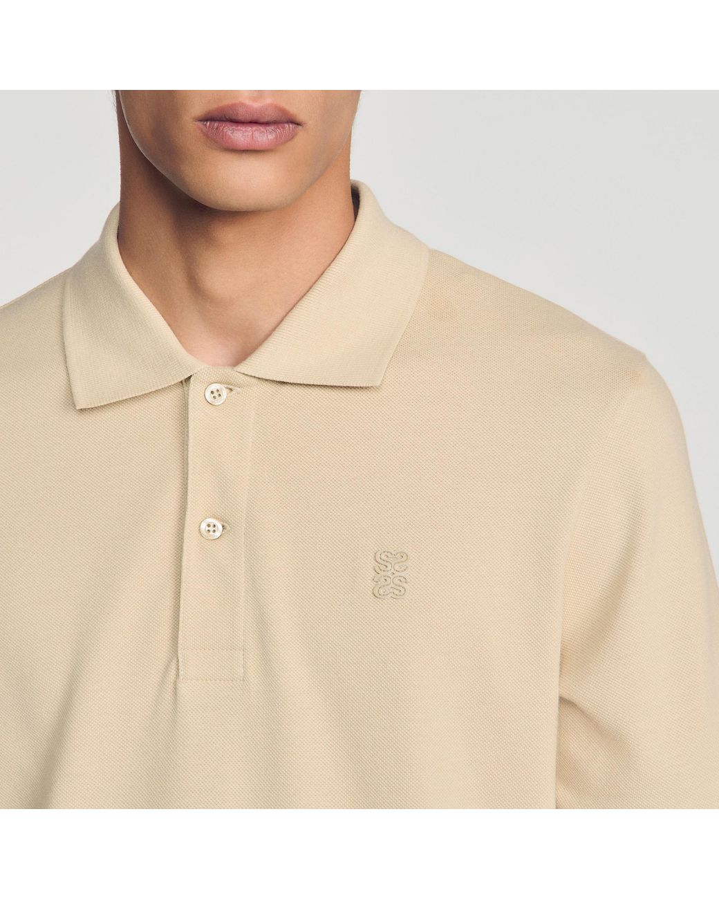 Sandro Natural Cotton Polo Shirt With Leather Logo for men