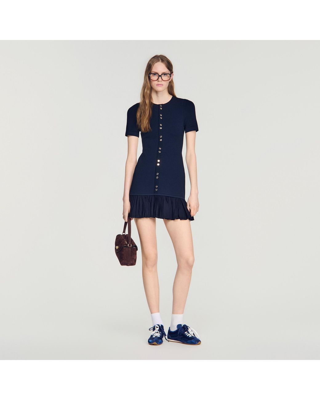 Sandro Blue Short Knit Dress With Ruffles