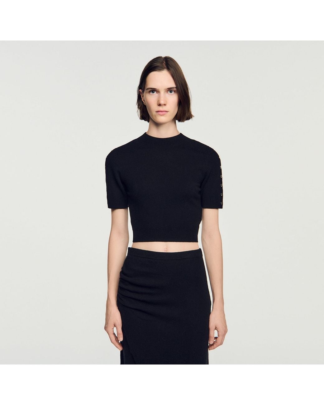 Sandro Blue Cropped Wool And Cashmere Sweater