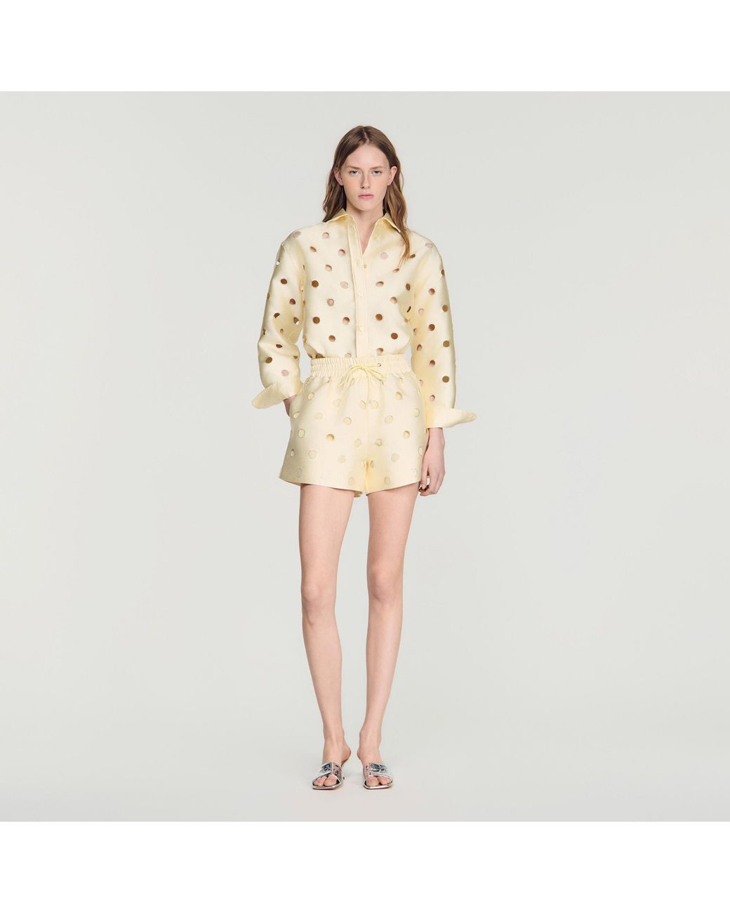 Sandro Natural Distressed Rhinestone Shorts