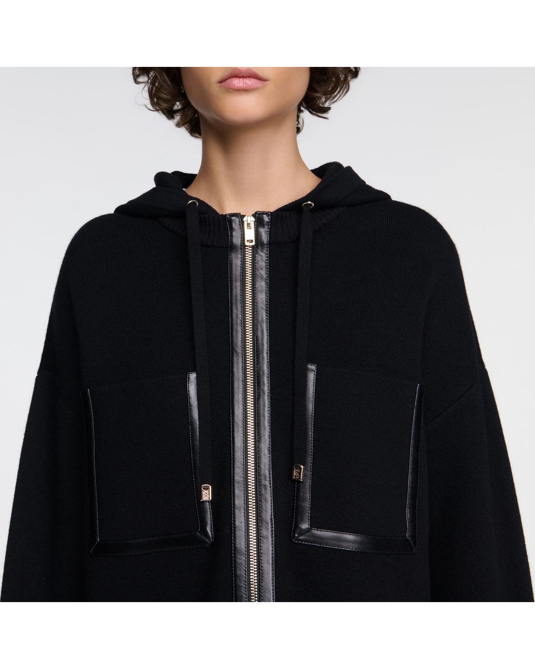 Sandro Black Hooded Cardigan With Leather Trim