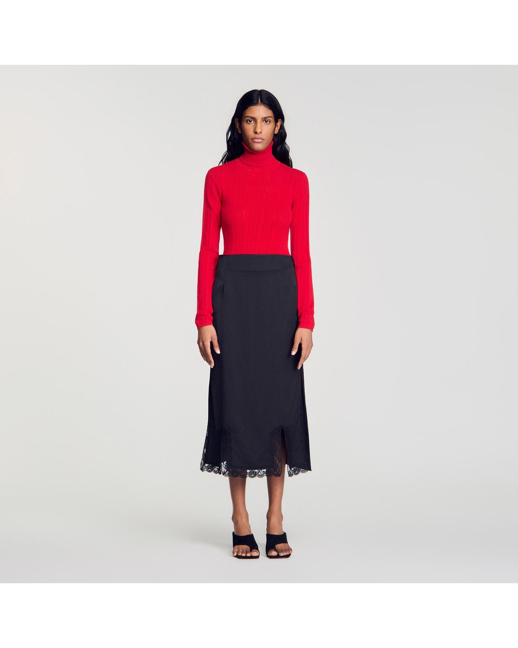 Sandro Blue Midi Mixed-Material Lace Skirt