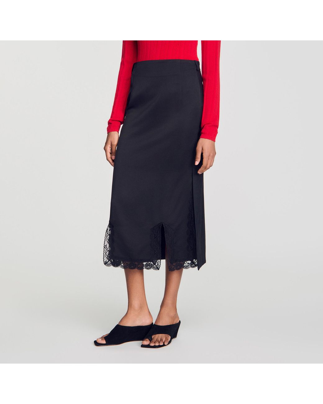 Sandro Blue Midi Mixed-Material Lace Skirt