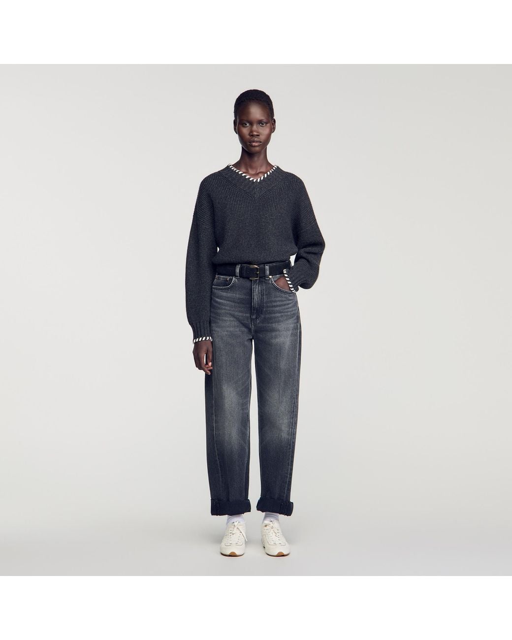 Sandro Blue Braided V-Neck Sweater