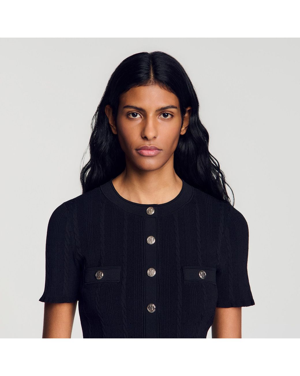 Sandro Blue Cropped Pointelle Knit Cardigan