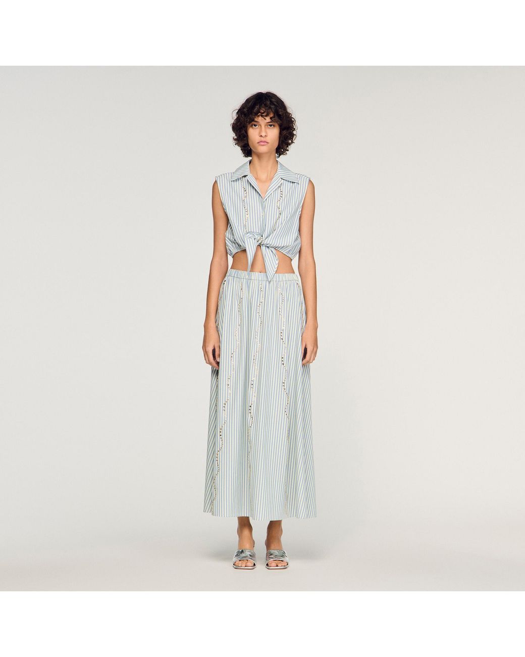 Sandro White Rhinestone Striped Long Skirt