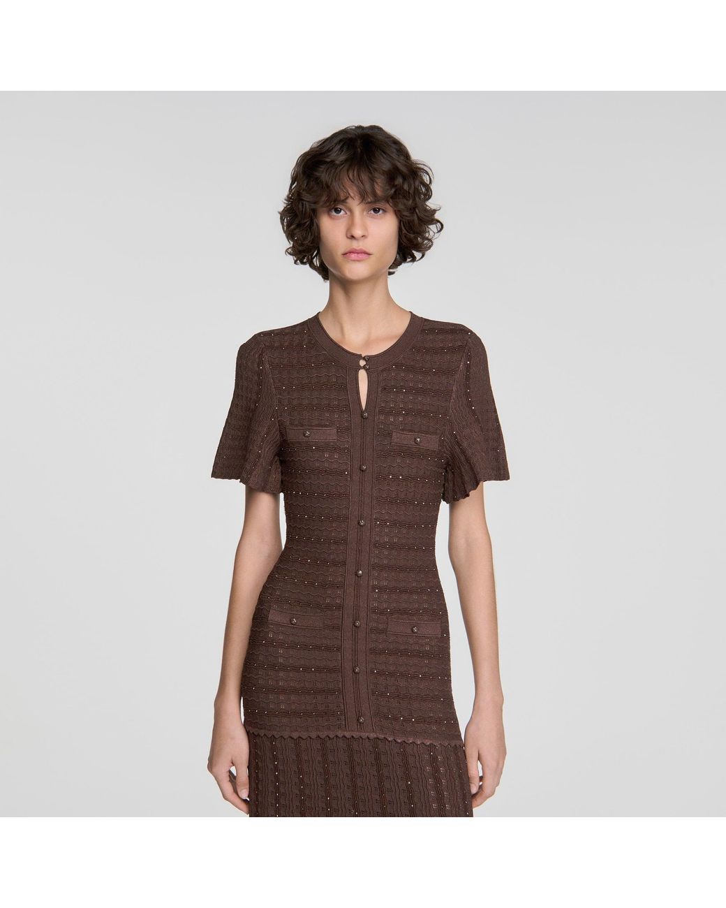 Sandro Brown Rhinestone Knit Maxi Dress