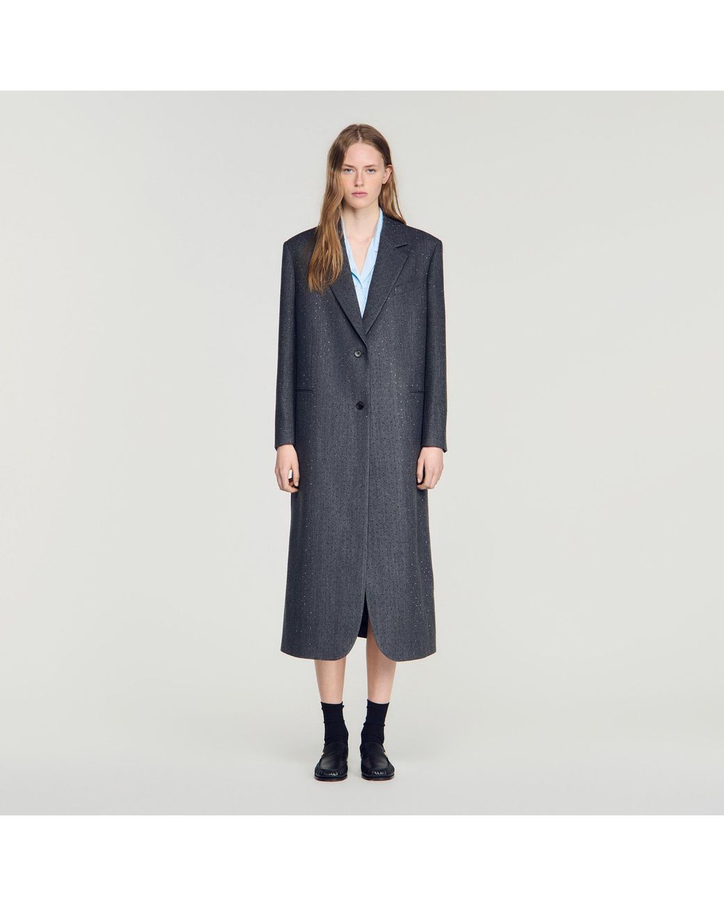 Sandro Blue Long Wool Coat With Rhinestones