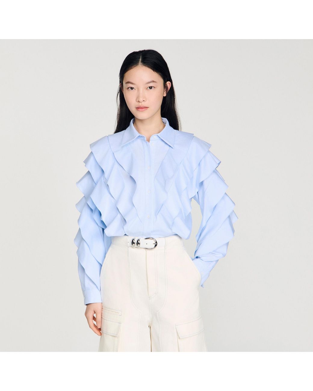Sandro Blue Ruffled Cotton Shirt