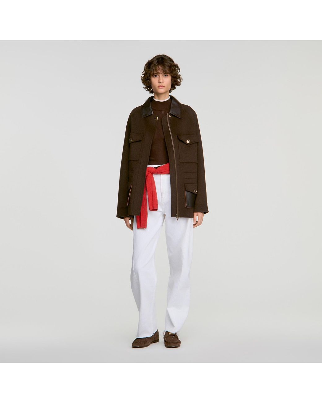 Sandro Red Double-Faced Coat, Leather Collar